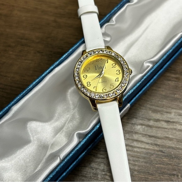 Vivani Quartz Watch with Gold Tone Crystal White Leather Strap And Crystal Bezel - Picture 2 of 4